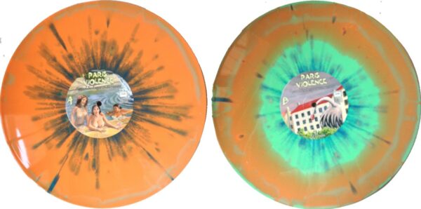 Vinyle orange marbré avec effet couleur dans couleur sur une face, couleur dans couleur et halo sur l’autre.